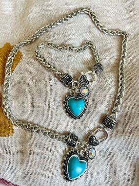 Silver-Plated Necklace and Bracelet Set with Turquoise Heart Charms